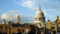 London, Britain-September, 2019: Tourists walking on background of St Paul`s Cathedral. Action. Beautiful architecture