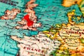 London, Britain, U.K. pinned on vintage map of Europe