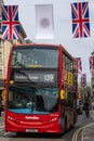 London Bus on Oxford Street with Union Flag Bunting