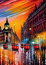 London busy street oil knife painting