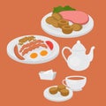 London menu. English breakfast, lunch and dinner with sausage, egg, becon. Traditional Afternoon tea. Meat and sandwich