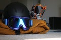 London Canada, February 14 2020: Editorial illustrative photo of snowboarding gear laying on ground. Theme of winter sport