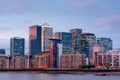 london Canary wharf at dusk view from thames river Royalty Free Stock Photo