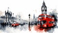 London central street drawing watercolor sketch illustration. Red bus, car and sights. Great Britain capital, tourism or Royalty Free Stock Photo