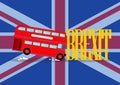 London city bus crashing with brexit word on united kingdom flag background