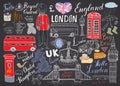 London city doodles elements collection. Hand drawn set with, tower bridge, crown, big ben, royal guard, red bus and cab, UK map a Royalty Free Stock Photo