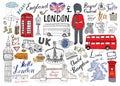 London city doodles elements collection. Hand drawn set with, tower bridge, crown, big ben, royal guard, red bus and cab, UK map a Royalty Free Stock Photo