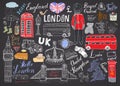 London city doodles elements collection. Hand drawn set with, tower bridge, crown, big ben, royal guard, red bus and cab, UK map a Royalty Free Stock Photo