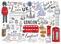 London city doodles elements collection. Hand drawn set with, tower bridge, crown, big ben, royal guard, red bus and cab, UK map a Royalty Free Stock Photo