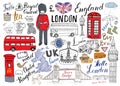 London city doodles elements collection. Hand drawn set with, tower bridge, crown, big ben, royal guard, red bus and cab, UK map a Royalty Free Stock Photo