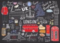 London city doodles elements collection. Hand drawn set with, tower bridge, crown, big ben, royal guard, red bus and cab, UK map a Royalty Free Stock Photo