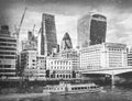 London City EC1 and Thames River view with snow falling in monochrome