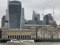 London city financial centre seen from a cruising boat on Thames river in 2023