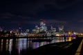 London city landscape from Thames waterfront at night, handheld shot