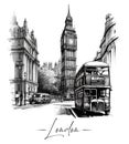 London city's street in sketch art style, outlined landscape Royalty Free Stock Photo