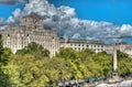 London city scene with Savoy Hotel and Cleopatras Needle Royalty Free Stock Photo