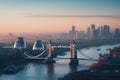 London city skyline at sunset with Tower Bridge and Thames river, UK, Photo of London skyline at sunrise, AI Generated Royalty Free Stock Photo