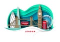 London city skyline, vector paper cut illustration. Big Ben, Tower bridge, ferris wheel, world famous landmarks. Travel. Royalty Free Stock Photo