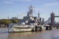 London cityscape across the River Thames with a view of HMS Belfast