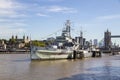 London cityscape across the River Thames with a view of HMS Belfast and Tower Bridge