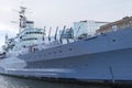 London cityscape across the River Thames with a view of HMS Belfast Warship Museum, London, England, UK Royalty Free Stock Photo