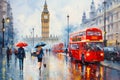 London cityscape with Big Ben and red double decker bus, illustration painting Royalty Free Stock Photo