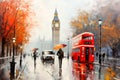 London cityscape with Big Ben and red double decker bus, illustration painting Royalty Free Stock Photo