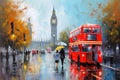 London cityscape with Big Ben and red double decker bus, illustration painting Royalty Free Stock Photo