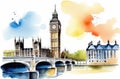 London cityscape with Houses of Parliament and Big Ben tower, watercolor illustration, travelling Royalty Free Stock Photo