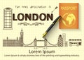 London doodles on yellow paper with 3D fountain pen and passport