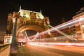 London Double Decker Bus Light Trails on Tower Bridge Road at Night Royalty Free Stock Photo