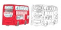 London double-decker modern bus in red and pencil drawing with rear view