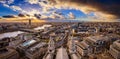 London, England - Aerial panoramic skyline view of London taken from top of St.Paul`s Cathedral with dramatic clouds Royalty Free Stock Photo