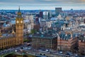 London, England - Aerial skyline view of the famous Big Ben with Houses of Parliament Royalty Free Stock Photo