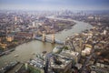 London, England - Aerial Skyline view of London with the iconic Tower Bridge, the Tower of London and skyscrapers of Canary Wharf Royalty Free Stock Photo