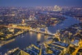 London, England - Aerial Skyline view of London. This view includes the Tower of London, the iconic Tower Bridge, HMS Belfast Royalty Free Stock Photo