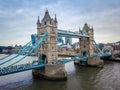 London, England - Aerial view of the iconic Tower Bridge and Tower of London on a cloudy moring