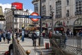 A illuminated London underground entrance sign in Piccadilly Circus entrance to regent street Royalty Free Stock Photo