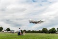 LONDON, ENGLAND - AUGUST 22, 2016: A6-EEX Emirates Airlines Airbus A380 Landing in Heathrow Airport, London. Royalty Free Stock Photo