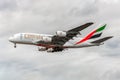 LONDON, ENGLAND - AUGUST 22, 2016: A6-EEX Emirates Airlines Airbus A380 Landing in Heathrow Airport, London. Royalty Free Stock Photo
