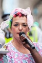 LONDON, ENGLAND- 30 August 2021: Extinction Rebellion activist dressed as a tea lady during Impossible Tea Party on Tower Bridge