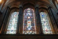 LONDON, ENGLAND - AUGUST 02, 2013: Stained-glass window at Cathedral of Salisbury. Royalty Free Stock Photo