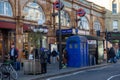 London, England Ã¢â¬â A blue police telephone box on the street in London, associated with the science fiction television