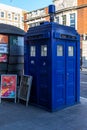 London, England Ã¢â¬â A blue police telephone box on the street in London, associated with the science fiction television