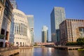 London England - Canary Wharf on hot summer evening with a London Underground train going over a bridge Royalty Free Stock Photo