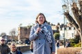 LONDON, ENGLAND- 26 February 2022: Fleur Anderson speaking at Extinction Rebellion protest against Thames Water polluting the