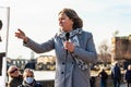 LONDON, ENGLAND- 26 February 2022: Fleur Anderson speaking at Extinction Rebellion protest against Thames Water polluting the