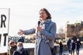 LONDON, ENGLAND- 26 February 2022: Fleur Anderson speaking at Extinction Rebellion protest against Thames Water polluting the