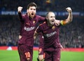 Lionel Messi celebrates goal with Andres Iniesta