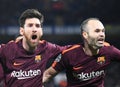 Lionel Messi celebrates goal with Andres Iniesta